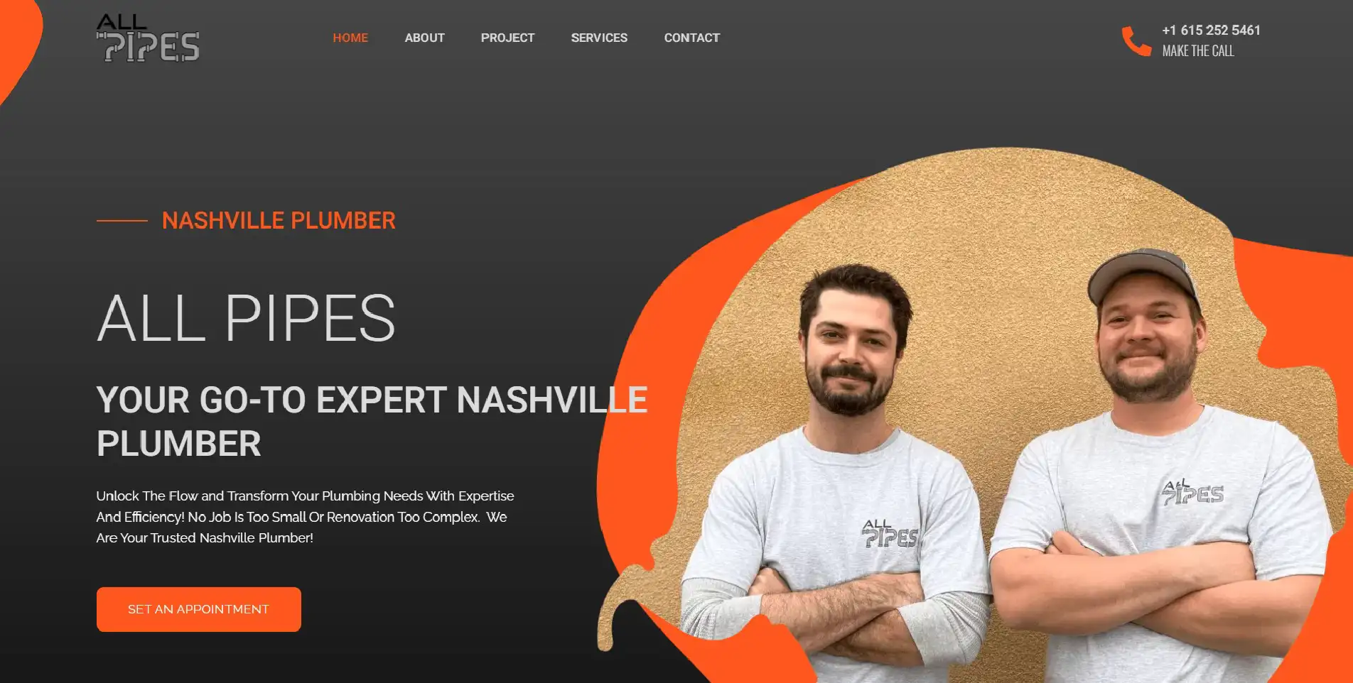 Hero section of the All Pipes plumbing website, prominently featuring a portrait of owners Robert and Jay.