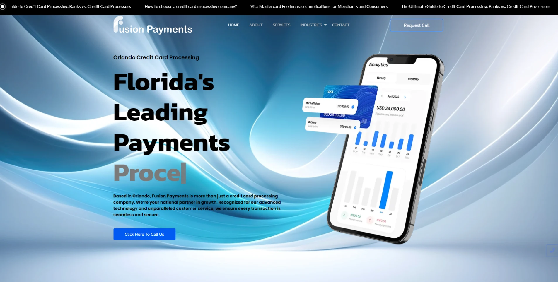 Fusion Payments website interface highlighting credit card processing web design.